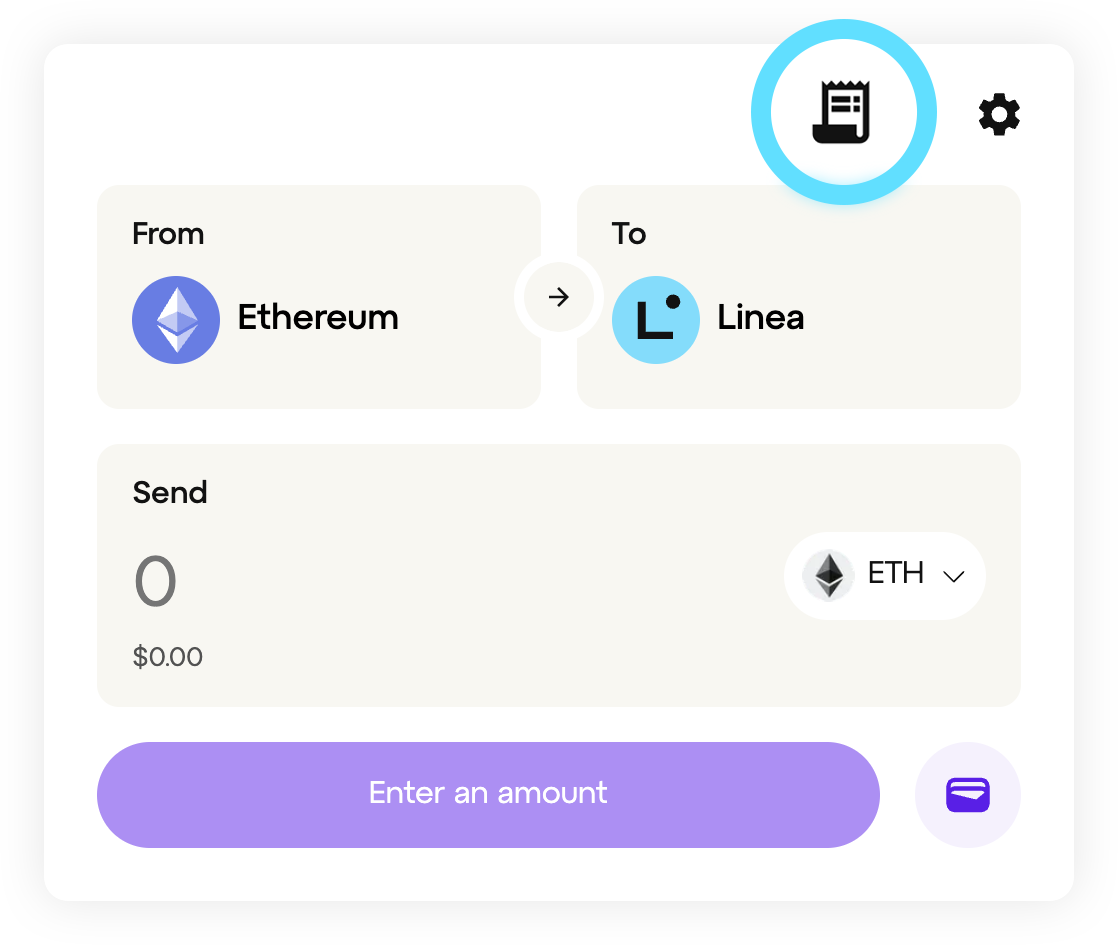 Linea native bridge transaction history button